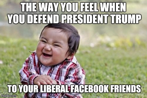 Evil Toddler Meme | THE WAY YOU FEEL WHEN YOU DEFEND PRESIDENT TRUMP; TO YOUR LIBERAL FACEBOOK FRIENDS | image tagged in memes,evil toddler | made w/ Imgflip meme maker