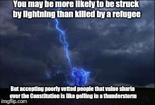 Golfing in thunderstorm | You may be more likely to be struck by lightning than killed by a refugee; But accepting poorly vetted people that value sharia over the Constitution is like golfing in a thunderstorm | image tagged in caddyshack,refugees,trump | made w/ Imgflip meme maker
