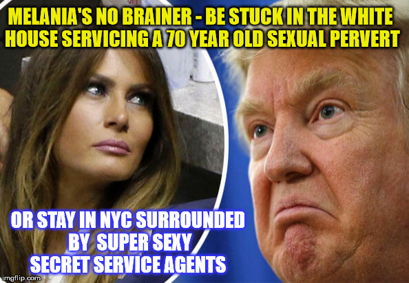  Melania's No Brainer  | MELANIA'S NO BRAINER - BE STUCK IN THE WHITE HOUSE SERVICING A 70 YEAR OLD SEXUAL PERVERT; OR STAY IN NYC SURROUNDED BY  SUPER SEXY SECRET SERVICE AGENTS | image tagged in trump and melania,no-brainer | made w/ Imgflip meme maker