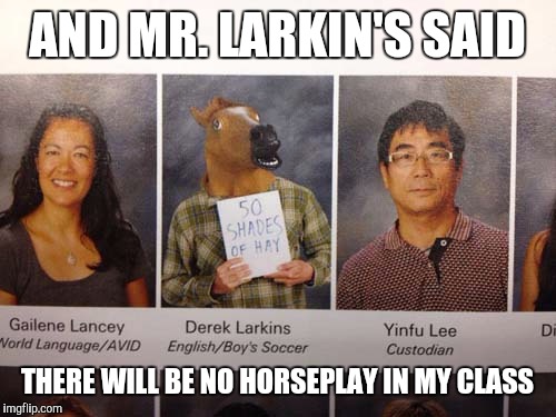 When the class play is Mr. Ed
 | AND MR. LARKIN'S SAID; THERE WILL BE NO HORSEPLAY IN MY CLASS | image tagged in teachers,horseplay | made w/ Imgflip meme maker