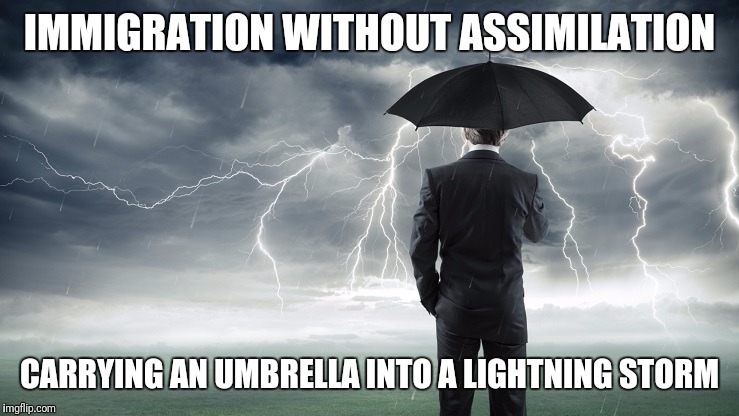 Immigration without assimilation lightning umbrella | IMMIGRATION WITHOUT ASSIMILATION; CARRYING AN UMBRELLA INTO A LIGHTNING STORM | image tagged in refugees | made w/ Imgflip meme maker