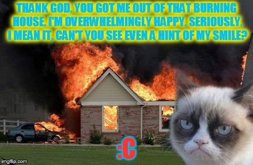 Burn Kitty | THANK GOD, YOU GOT ME OUT OF THAT BURNING HOUSE, I'M OVERWHELMINGLY HAPPY.
SERIOUSLY, I MEAN IT, CAN'T YOU SEE EVEN A HINT OF MY SMILE? :C | image tagged in memes,burn kitty,grumpy cat | made w/ Imgflip meme maker