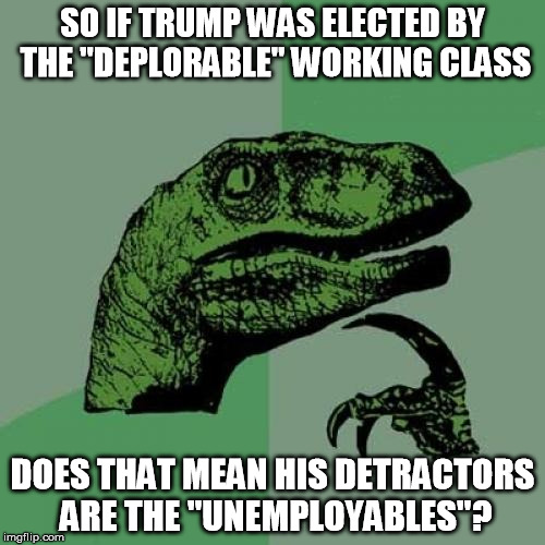 Philosoraptor Meme | SO IF TRUMP WAS ELECTED BY THE "DEPLORABLE" WORKING CLASS; DOES THAT MEAN HIS DETRACTORS ARE THE "UNEMPLOYABLES"? | image tagged in memes,philosoraptor | made w/ Imgflip meme maker