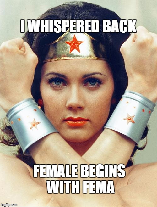 wonder woman | I WHISPERED BACK; FEMALE BEGINS WITH FEMA | image tagged in wonder woman | made w/ Imgflip meme maker
