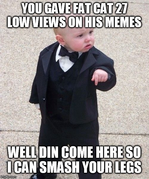 Baby Godfather | YOU GAVE FAT CAT 27 LOW VIEWS ON HIS MEMES; WELL DIN COME HERE SO I CAN SMASH YOUR LEGS | image tagged in memes,baby godfather | made w/ Imgflip meme maker