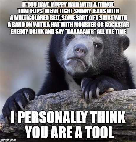 This means you  | IF YOU HAVE MOPPY HAIR WITH A FRINGE THAT FLIPS, WEAR TIGHT SKINNY JEANS WITH A MULTICOLORED BELT, SOME SORT OF T SHIRT WITH A BAND ON WITH A HAT WITH MONSTER OR ROCKSTAR ENERGY DRINK AND SAY "RAAAAAWR" ALL THE TIME; I PERSONALLY THINK YOU ARE A TOOL | image tagged in memes,confession bear,emo,scene,metalcore,rawr | made w/ Imgflip meme maker