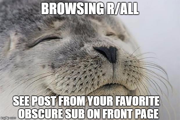 Satisfied Seal Meme | BROWSING R/ALL; SEE POST FROM YOUR FAVORITE 
OBSCURE SUB ON FRONT PAGE | image tagged in memes,satisfied seal,AdviceAnimals | made w/ Imgflip meme maker