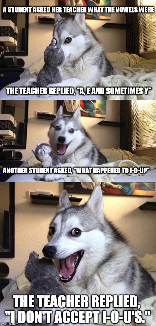 Maybe the dog is funnier? | A STUDENT ASKED HER TEACHER WHAT THE VOWELS WERE; THE TEACHER REPLIED, "A, E AND SOMETIMES Y"; ANOTHER STUDENT ASKED, "WHAT HAPPENED TO I-O-U?"; THE TEACHER REPLIED, "I DON'T ACCEPT I-O-U'S." | image tagged in memes,bad pun dog | made w/ Imgflip meme maker