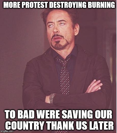 Face You Make Robert Downey Jr | MORE PROTEST DESTROYING BURNING; TO BAD WERE SAVING OUR COUNTRY THANK US LATER | image tagged in memes,face you make robert downey jr | made w/ Imgflip meme maker