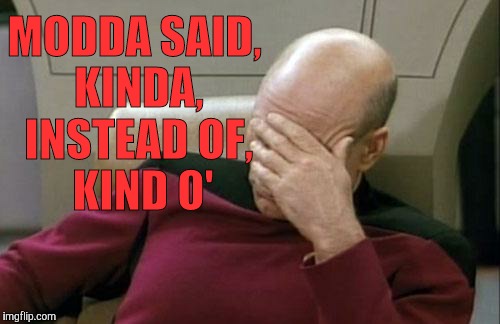 Captain Picard Facepalm Meme | MODDA SAID, KINDA, INSTEAD OF,    KIND O' | image tagged in memes,captain picard facepalm | made w/ Imgflip meme maker