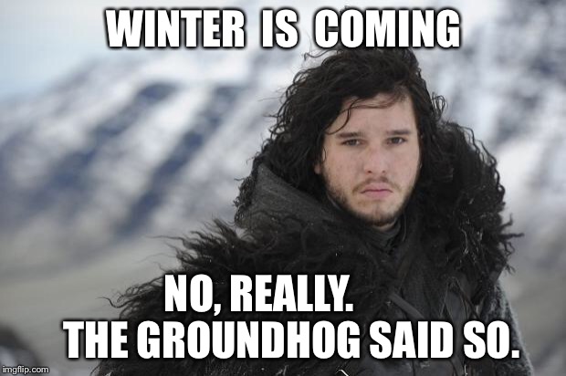  WINTER  IS  COMING; NO, REALLY.        THE GROUNDHOG SAID SO. | image tagged in john snow | made w/ Imgflip meme maker