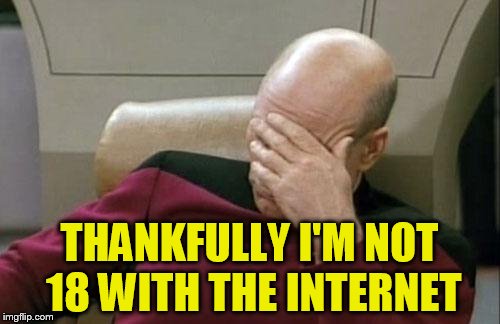 Captain Picard Facepalm Meme | THANKFULLY I'M NOT 18 WITH THE INTERNET | image tagged in memes,captain picard facepalm | made w/ Imgflip meme maker