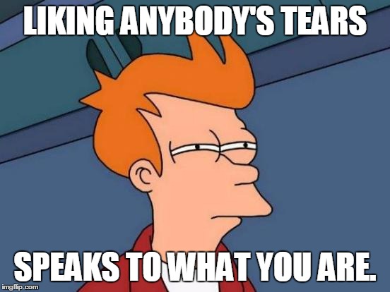 Futurama Fry Meme | LIKING ANYBODY'S TEARS SPEAKS TO WHAT YOU ARE. | image tagged in memes,futurama fry | made w/ Imgflip meme maker