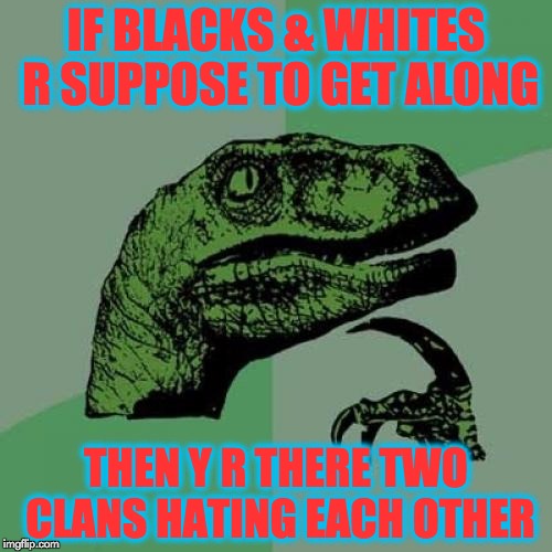 Philosoraptor Meme | IF BLACKS & WHITES R SUPPOSE TO GET ALONG; THEN Y R THERE TWO CLANS HATING EACH OTHER | image tagged in memes,philosoraptor | made w/ Imgflip meme maker