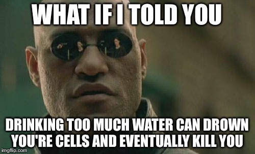 Matrix Morpheus Meme | WHAT IF I TOLD YOU; DRINKING TOO MUCH WATER CAN DROWN YOU'RE CELLS AND EVENTUALLY KILL YOU | image tagged in memes,matrix morpheus | made w/ Imgflip meme maker