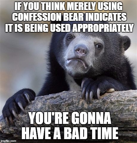 Confession Bear Meme | IF YOU THINK MERELY USING CONFESSION BEAR INDICATES IT IS BEING USED APPROPRIATELY; YOU'RE GONNA HAVE A BAD TIME | image tagged in memes,confession bear | made w/ Imgflip meme maker