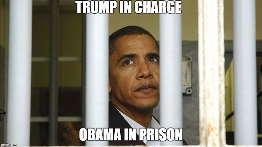 Obama in prison | TRUMP IN CHARGE; OBAMA IN PRISON | image tagged in obama in jail,obama,barack obama,donald trump,trump executive orders,executive order trump | made w/ Imgflip meme maker
