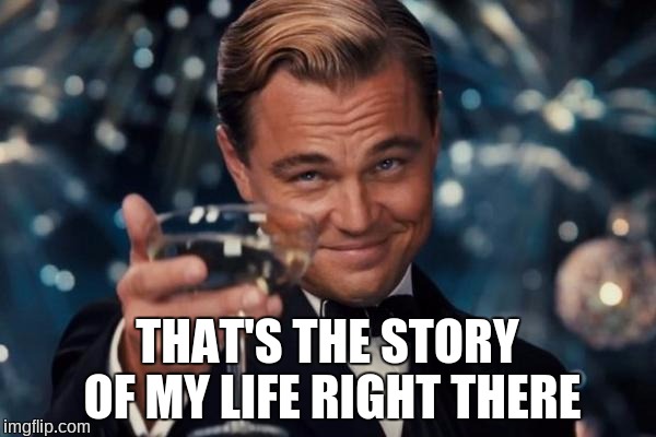 Leonardo Dicaprio Cheers Meme | THAT'S THE STORY OF MY LIFE RIGHT THERE | image tagged in memes,leonardo dicaprio cheers | made w/ Imgflip meme maker