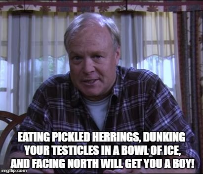 Marvin boy making recipe  | EATING PICKLED HERRINGS, DUNKING YOUR TESTICLES IN A BOWL OF ICE, AND FACING NORTH WILL GET YOU A BOY! | image tagged in marvin sr,himym | made w/ Imgflip meme maker
