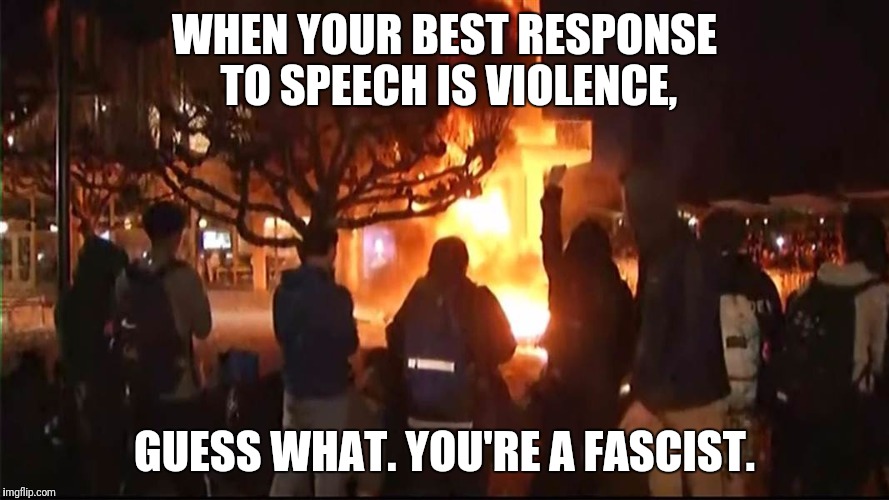 You're just making that Milo douchebag famous... | WHEN YOUR BEST RESPONSE TO SPEECH IS VIOLENCE, GUESS WHAT. YOU'RE A FASCIST. | image tagged in berkeley facists,college liberal,protest,riots,free speech,fascist | made w/ Imgflip meme maker