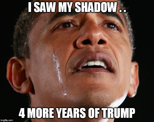 Obama Crying | I SAW MY SHADOW . . 4 MORE YEARS OF TRUMP | image tagged in obama crying,donald trump,maga,groundhog day | made w/ Imgflip meme maker