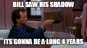GROUNDHOG DAY  | BILL SAW HIS SHADOW; ITS GONNA BE A LONG 4 YEARS | image tagged in groundhog day,bill murray,long 4 years | made w/ Imgflip meme maker