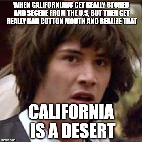 CALIFORNIA | WHEN CALIFORNIANS GET REALLY STONED AND SECEDE FROM THE U.S, BUT THEN GET REALLY BAD COTTON MOUTH AND REALIZE THAT; CALIFORNIA IS A DESERT | image tagged in memes,conspiracy keanu,california,marijuana,secession,usa | made w/ Imgflip meme maker