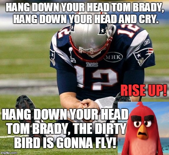 Hang Down your head Tom Brady! |  HANG DOWN YOUR HEAD TOM BRADY, HANG DOWN YOUR HEAD AND CRY. RISE UP! HANG DOWN YOUR HEAD TOM BRADY, THE DIRTY BIRD IS GONNA FLY! | image tagged in tom brady sad,atlanta falcons,super bowl,new england patriots,dirty,birds | made w/ Imgflip meme maker