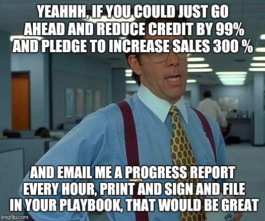 That Would Be Great Meme | YEAHHH, IF YOU COULD JUST GO AHEAD AND REDUCE CREDIT BY 99% AND PLEDGE TO INCREASE SALES 300 %; AND EMAIL ME A PROGRESS REPORT EVERY HOUR, PRINT AND SIGN AND FILE IN YOUR PLAYBOOK, THAT WOULD BE GREAT | image tagged in memes,that would be great | made w/ Imgflip meme maker