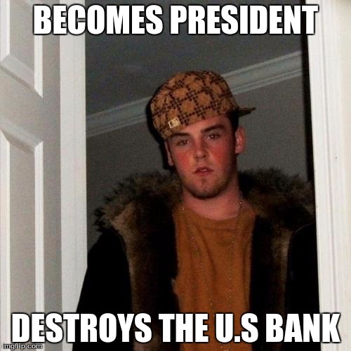 Scumbag Steve | BECOMES PRESIDENT; DESTROYS THE U.S BANK | image tagged in memes,scumbag steve | made w/ Imgflip meme maker