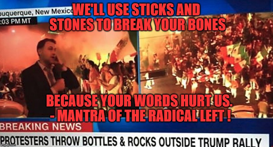 Mantra of the Radical Left ! | WE'LL USE STICKS AND STONES TO BREAK YOUR BONES; BECAUSE YOUR WORDS HURT US. - MANTRA OF THE RADICAL LEFT ! | image tagged in berkeley facists,milo yiannopoulos,trump,anti trump protest | made w/ Imgflip meme maker