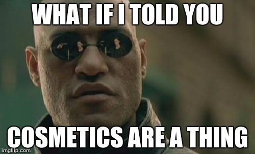Matrix Morpheus Meme | WHAT IF I TOLD YOU; COSMETICS ARE A THING | image tagged in memes,matrix morpheus | made w/ Imgflip meme maker
