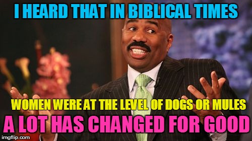 Maybe feminists are exagerating a little... | I HEARD THAT IN BIBLICAL TIMES; WOMEN WERE AT THE LEVEL OF DOGS OR MULES; A LOT HAS CHANGED FOR GOOD | image tagged in memes,steve harvey | made w/ Imgflip meme maker