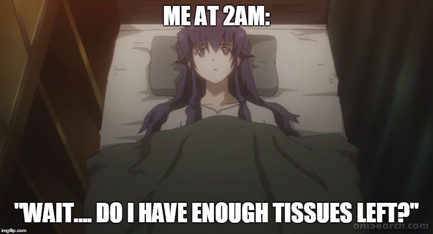 Oh, its That time again? yay :3 | ME AT 2AM:; "WAIT.... DO I HAVE ENOUGH TISSUES LEFT?" | image tagged in animeme,anime,tissue,me at 2am | made w/ Imgflip meme maker