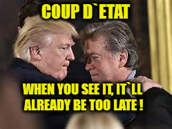 coup d`etat | COUP D`ETAT; WHEN YOU SEE IT, IT`LL ALREADY BE TOO LATE ! | image tagged in trump,bannon | made w/ Imgflip meme maker