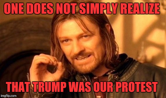 One Does Not Simply | ONE DOES NOT SIMPLY REALIZE; THAT TRUMP WAS OUR PROTEST | image tagged in memes,one does not simply | made w/ Imgflip meme maker