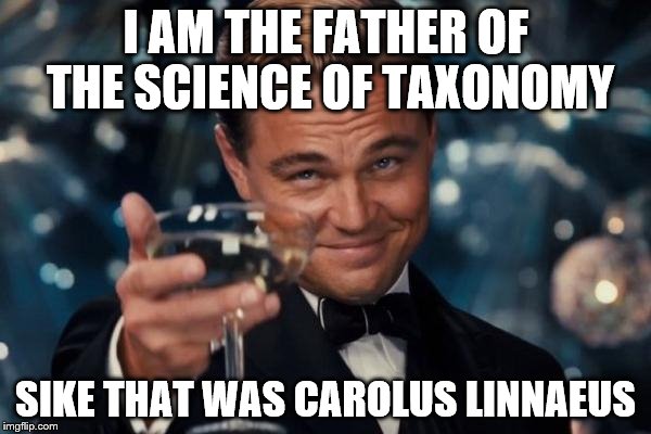 Leonardo Dicaprio Cheers Meme | I AM THE FATHER OF THE SCIENCE OF TAXONOMY; SIKE THAT WAS CAROLUS LINNAEUS | image tagged in memes,leonardo dicaprio cheers | made w/ Imgflip meme maker