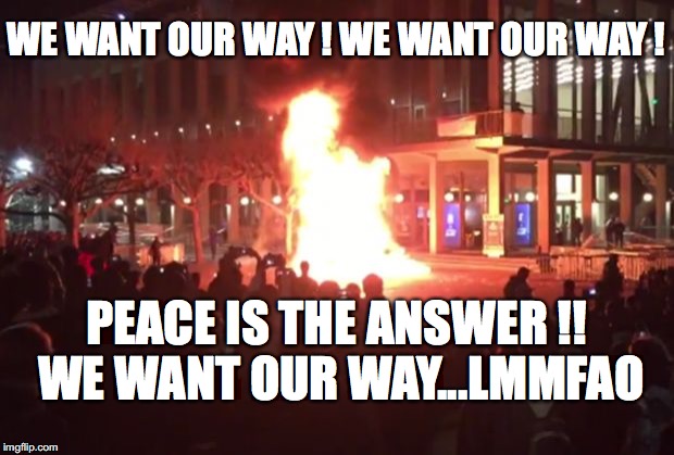 Berkeley Riots | WE WANT OUR WAY ! WE WANT OUR WAY ! PEACE IS THE ANSWER !! WE WANT OUR WAY...LMMFAO | image tagged in berkeley riots | made w/ Imgflip meme maker