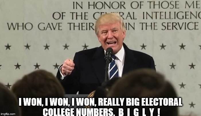 trump at cia | I WON, I WON, I WON, REALLY BIG ELECTORAL COLLEGE NUMBERS,  B  I  G  L  Y  ! | image tagged in cia,notmypresident,anti trump,no respect,ignorant,memes | made w/ Imgflip meme maker