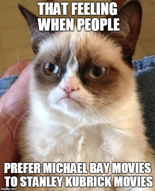 Grumpy Cat | THAT FEELING WHEN PEOPLE; PREFER MICHAEL BAY MOVIES TO STANLEY KUBRICK MOVIES | image tagged in memes,grumpy cat | made w/ Imgflip meme maker