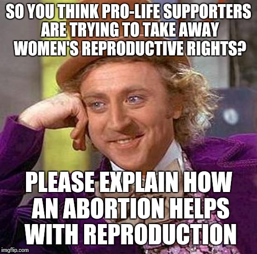 Once you break through the conditioning, you can easily destroy liberal "logic" | SO YOU THINK PRO-LIFE SUPPORTERS ARE TRYING TO TAKE AWAY WOMEN'S REPRODUCTIVE RIGHTS? PLEASE EXPLAIN HOW AN ABORTION HELPS WITH REPRODUCTION | image tagged in memes,creepy condescending wonka | made w/ Imgflip meme maker