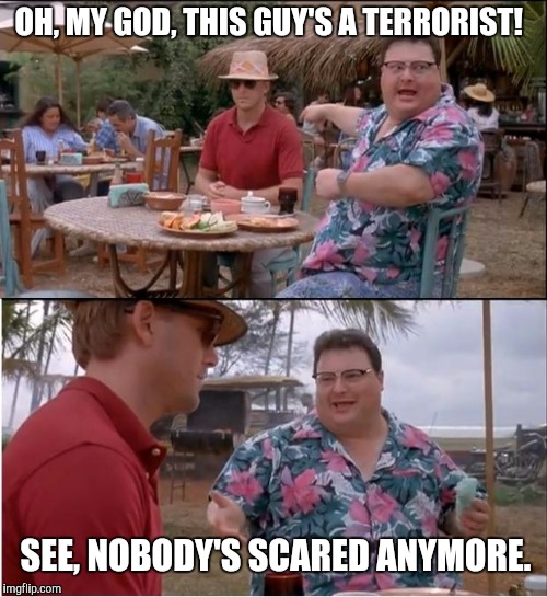 One day.... | OH, MY GOD, THIS GUY'S A TERRORIST! SEE, NOBODY'S SCARED ANYMORE. | image tagged in memes,see nobody cares | made w/ Imgflip meme maker