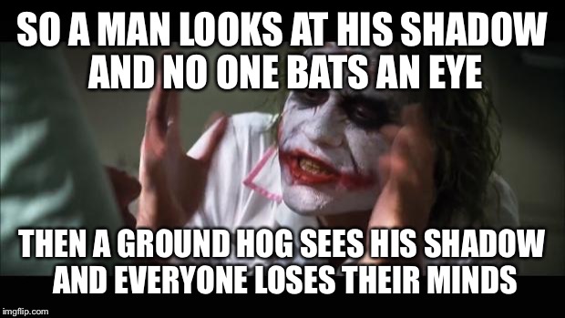 And everybody loses their minds Meme | SO A MAN LOOKS AT HIS SHADOW AND NO ONE BATS AN EYE; THEN A GROUND HOG SEES HIS SHADOW AND EVERYONE LOSES THEIR MINDS | image tagged in memes,and everybody loses their minds | made w/ Imgflip meme maker