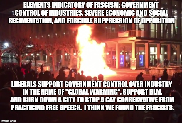 Who are the real fascists |  ELEMENTS INDICATORY OF FASCISM: GOVERNMENT CONTROL OF INDUSTRIES, SEVERE ECONOMIC AND SOCIAL REGIMENTATION, AND FORCIBLE SUPPRESSION OF OPPOSITION; LIBERALS SUPPORT GOVERNMENT CONTROL OVER INDUSTRY IN THE NAME OF "GLOBAL WARMING", SUPPORT BLM, AND BURN DOWN A CITY TO STOP A GAY CONSERVATIVE FROM PRACTICING FREE SPEECH.  I THINK WE FOUND THE FASCISTS. | image tagged in liberal,college liberal,democrat,campus fascists | made w/ Imgflip meme maker