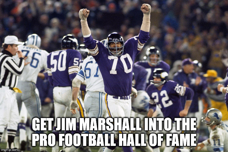 Jim Marshall for the Pro Football Hall of Fame | GET JIM MARSHALL INTO THE PRO FOOTBALL HALL OF FAME | image tagged in football | made w/ Imgflip meme maker