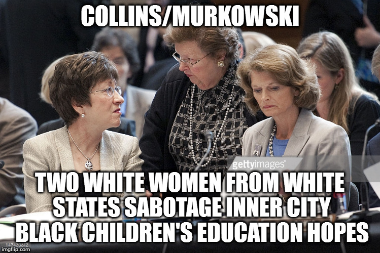 COLLINS/MURKOWSKI; TWO WHITE WOMEN FROM WHITE STATES SABOTAGE INNER CITY BLACK CHILDREN'S EDUCATION HOPES | image tagged in collins murkowski traitors | made w/ Imgflip meme maker