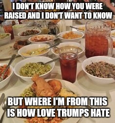 Seriously, we say I love you, get well soon, happy homecoming,welcome to the neighborhood,baptisms etc. with food.  | I DON'T KNOW HOW YOU WERE RAISED AND I DON'T WANT TO KNOW; BUT WHERE I'M FROM THIS IS HOW LOVE TRUMPS HATE | image tagged in southern dinner | made w/ Imgflip meme maker