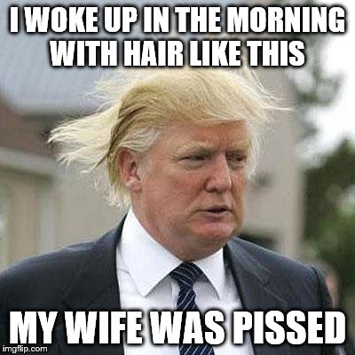 Donald Trump | I WOKE UP IN THE MORNING WITH HAIR LIKE THIS; MY WIFE WAS PISSED | image tagged in donald trump | made w/ Imgflip meme maker