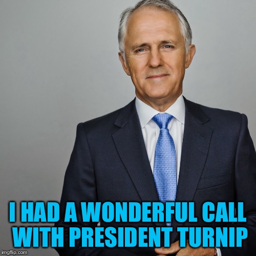 Australian PM | I HAD A WONDERFUL CALL WITH PRESIDENT TURNIP | image tagged in memes,donald trump,malcolm turnbull | made w/ Imgflip meme maker