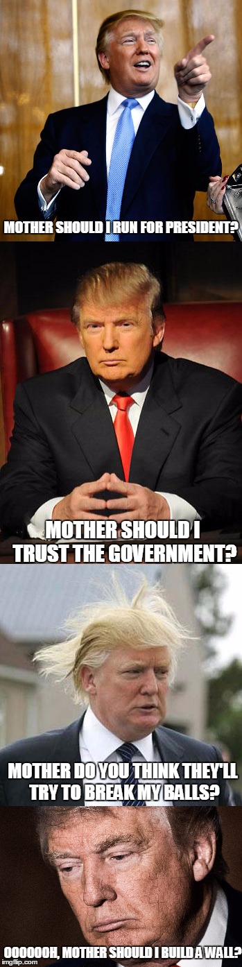 Pink Floyd predicted it | MOTHER SHOULD I RUN FOR PRESIDENT? MOTHER SHOULD I TRUST THE GOVERNMENT? MOTHER DO YOU THINK THEY'LL TRY TO BREAK MY BALLS? OOOOOOH, MOTHER SHOULD I BUILD A WALL? | image tagged in donald trump,pink floyd,wall | made w/ Imgflip meme maker